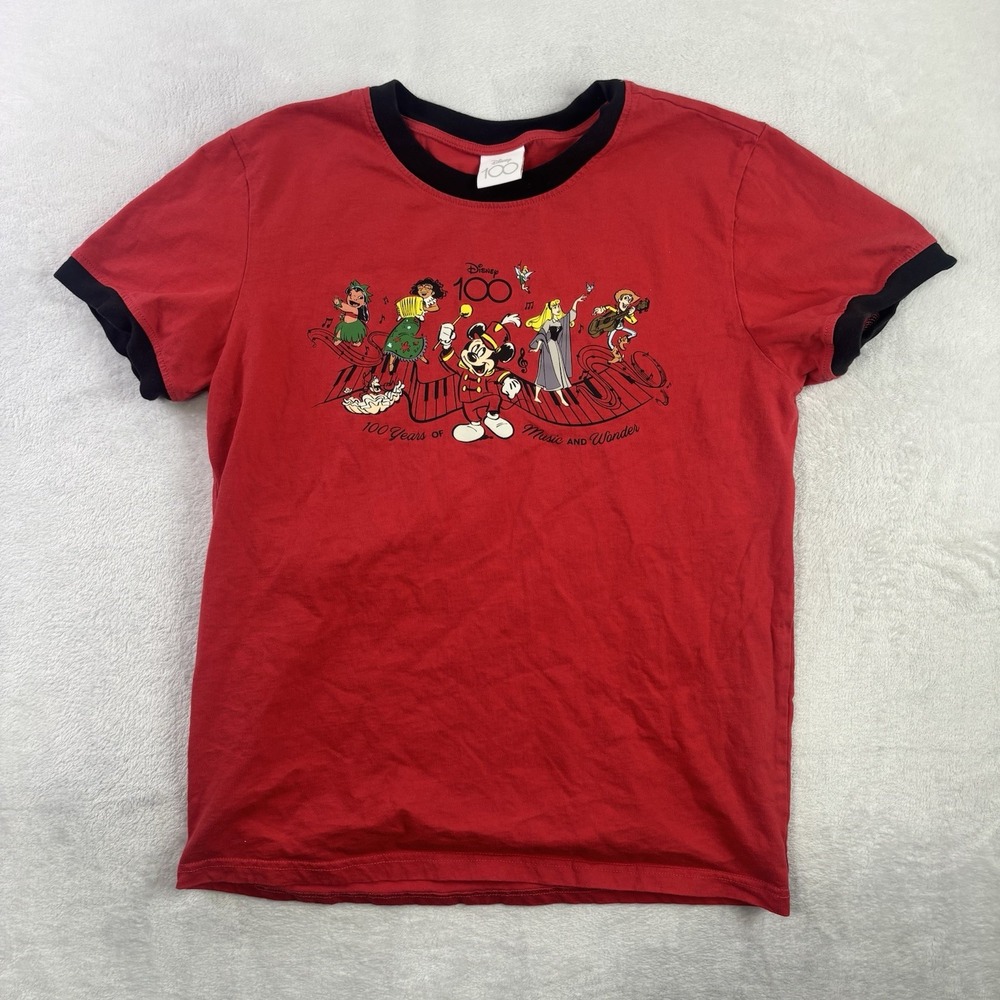 Disney 100 Years of Music And Wonder Red Ringer Shirt Men's Medium Organic